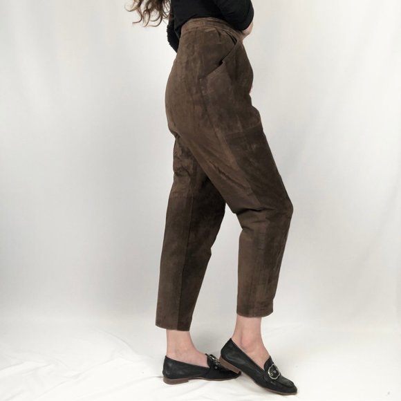 Stunning Vintage High Waisted Suede Leather Pleated Straight Leg Trouser Pants - Picture 3 of 7